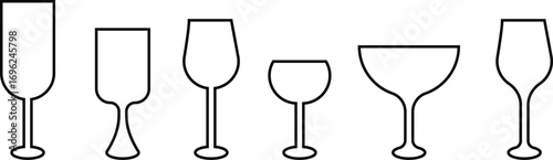 Wine glass icon set collection group in black line style, beverage drink goblet cup symbol bundle, alcohol bar cocktail champagne liquor illustration, isolated on transparent background vector