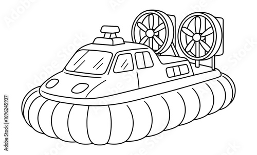 Outline drawing of a hovercraft with fans and cushioned base