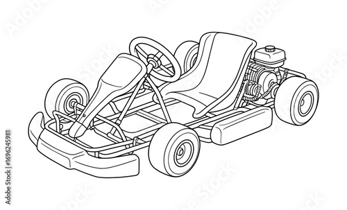 Monochrome go-kart design with engine and steering details