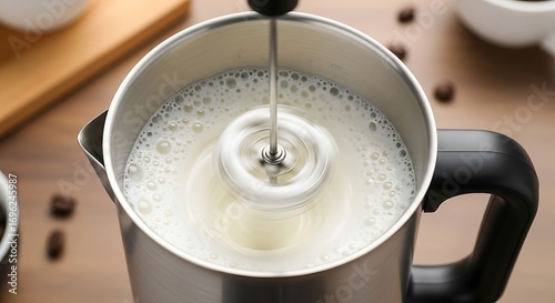 Creating frothed milk with electric whisk in a sleek steel container