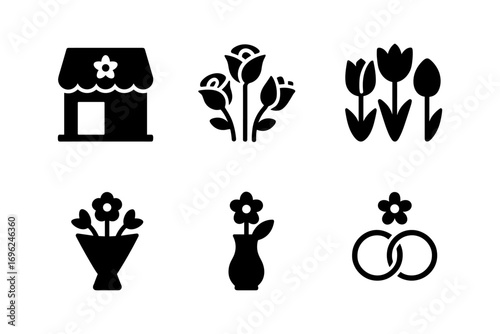 Floral icon collection: flower shop and wedding symbols in silhouette style
