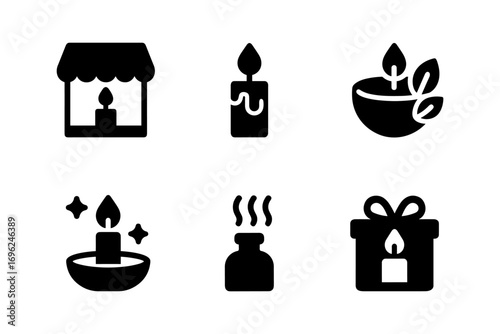 Collection of aromatherapy icon set featuring candles and essential oils in black silhouette style