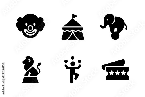 Circus icons: playful silhouettes of clown, tent, elephant, and more