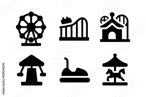 Amusement park ride icons: ferris wheel, roller coaster, carousel, bumper cars in black silhouette