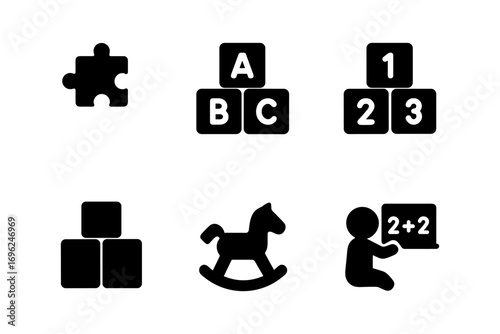 Educational icons set: puzzle, abc blocks, and learning symbols for kids