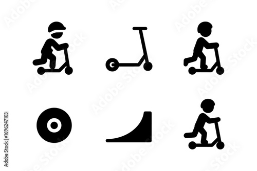 Silhouette scooter icons set including rider, kick scooter, and skate ramp
