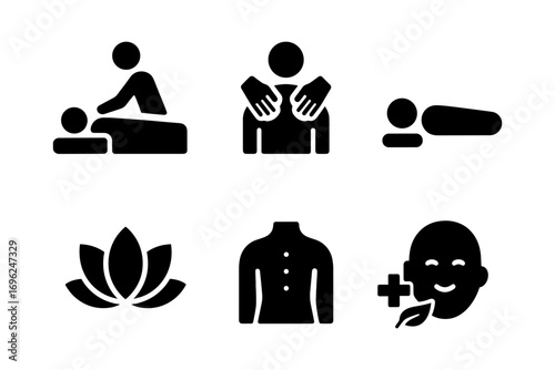Massage therapy icons set in minimalist silhouette style for wellness and relaxation