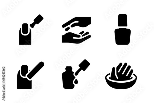 Silhouette icons of nail care: polish, manicure tools, and hand treatment symbol set