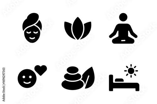 Minimalist wellness icons collection featuring meditation, spa, and relaxation symbols