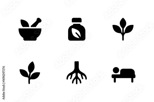 Minimalist herbal icons collection featuring mortar, leaves, roots, and meditation
