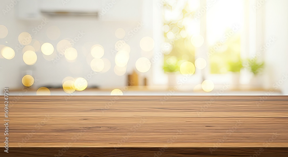 Fototapeta premium A wooden table is in the foreground, with a blurred kitchen background featuring bokeh lights and greenery outside a window.