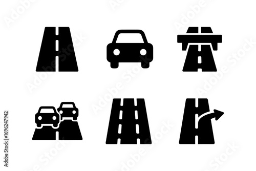 Set of road and highway icons in black silhouette style