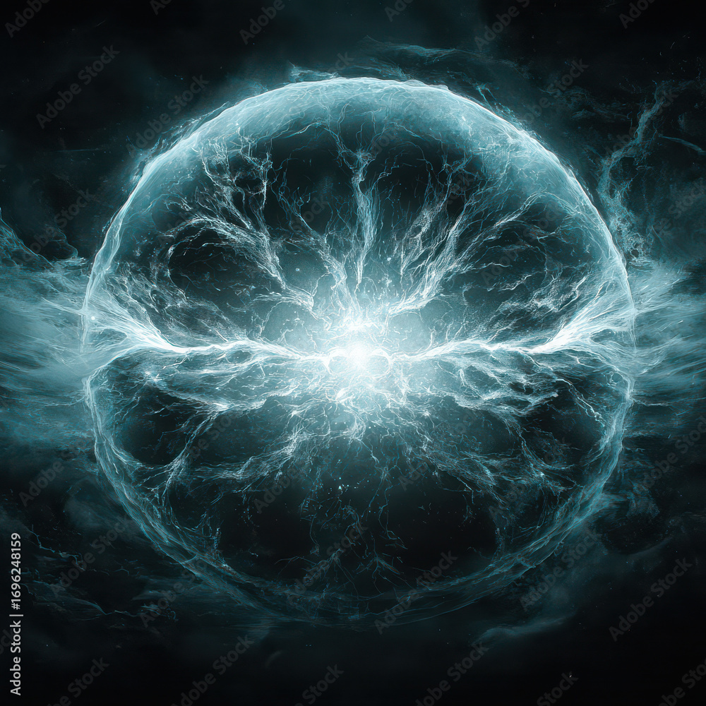Obraz premium Glowing sphere electric energy crystal ball liquid light abstract orb dark background mystical futuristic fantasy surreal blue illumination