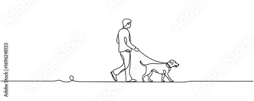 Continuous line art of person walking with dog. one line drawing. Vector illustration
