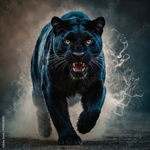 Aesthetic airbrushed panther with fiery threads gracefully jumping from a sports car 