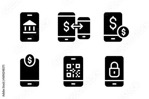 Mobile banking icons set featuring payment, transfer, and security symbols