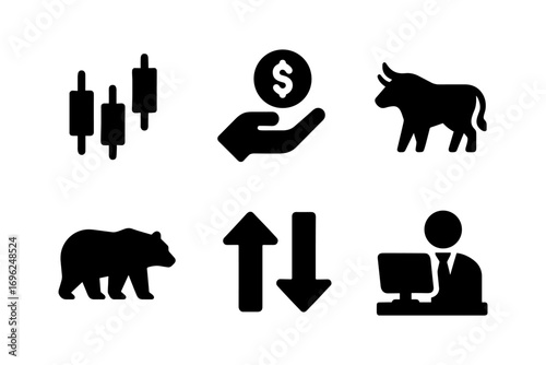 Silhouette icons of financial market with bull and bear symbols