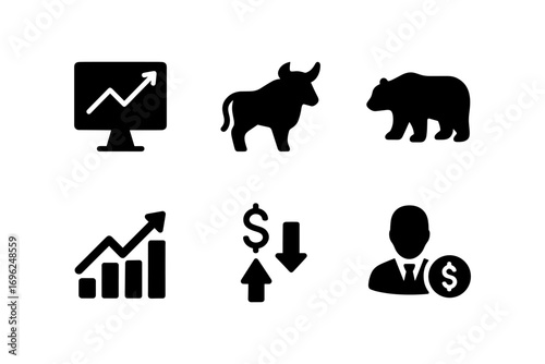 Financial icons set: bull and bear market trends with graphs and money symbols