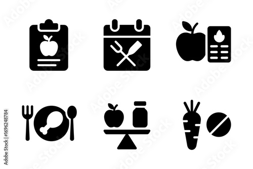 Silhouette icons of nutrition and healthy eating: apple, carrot, and meal planning