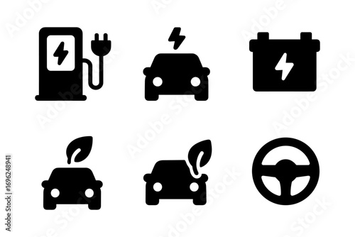 Eco-friendly car icon set featuring electric and hybrid symbols