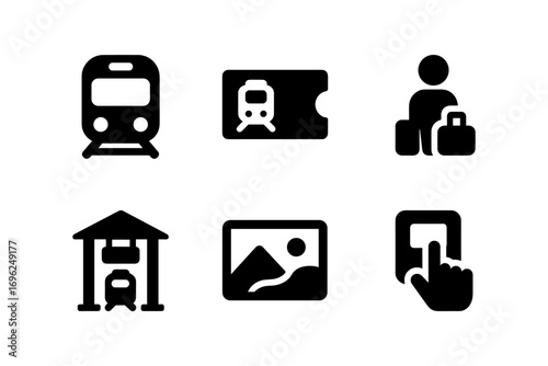 Transport icons set: train, ticket, passenger, platform, landscape, touch interface