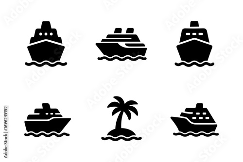 Cruise ship and tropical island silhouettes collection