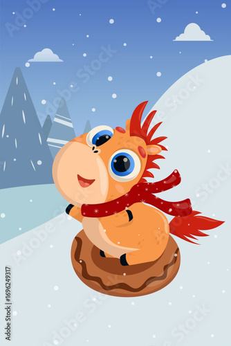 Vector illustration of a cheerful horse riding a sleigh down a hill. New Year, Christmas, sleigh, holiday, 2026, Horse, Chinese New Year, Horoscope, hill, games, entertainment, rest, day off