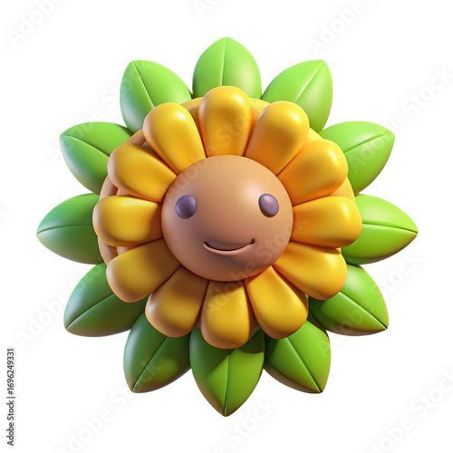 Smiling sunflower illustration, cheerful floral design happy flower emoticon with green leaves, playful garden character