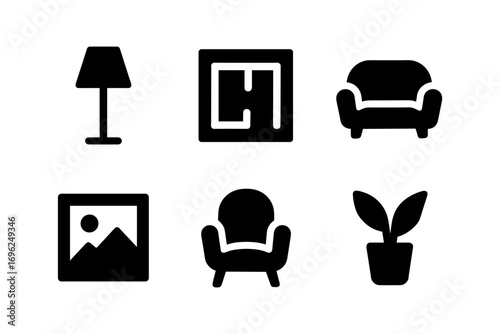 Modern interior design icons: furniture and decor silhouettes