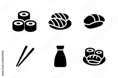 Minimalist sushi icons set featuring nigiri and chopsticks