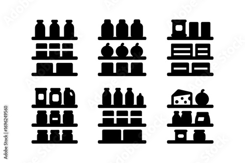 Silhouette kitchen pantry shelf icons: organized food, jars, cans, and bottles