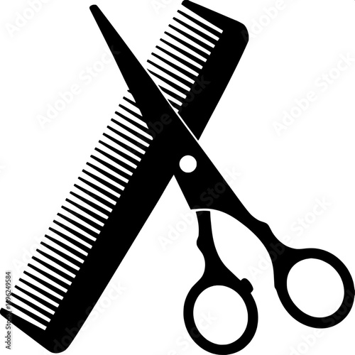 Minimalist barber scissors and comb silhouette, sleek and sharp lines, vector icon, modern elegance, isolated on white background.
