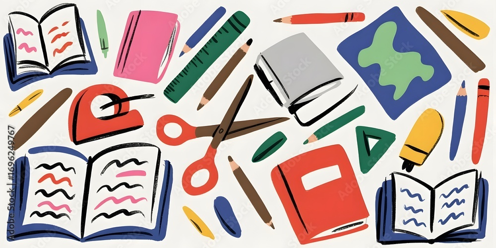 School supplies scattered on white background create a colorful and educational pattern School supplies scattered on white background create a colorful and educational pattern