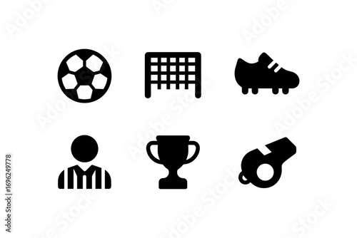 Minimalist soccer icons set: ball, goal, shoe, referee, trophy, whistle