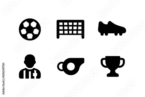 Football icons set featuring ball, goal, shoes, referee, whistle, trophy in flat style