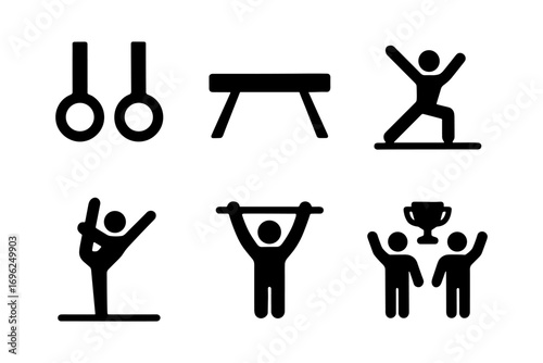 Simplified gymnastics icons set featuring various exercises and victory celebration