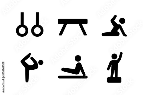 Minimalistic gymnastics icons featuring silhouette poses and equipment
