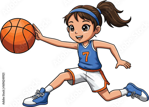 Cute cartoon girl playing basketball, dribbling ball in blue jersey, energetic pose, youth sports character, isolated on white background.
