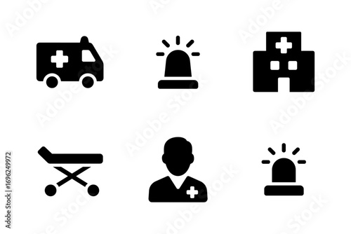 Essential medical icons set: ambulance, hospital, and emergency symbols in simple style