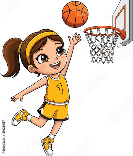 Cute cartoon girl playing basketball, dunking the ball with smile, energetic pose, yellow jersey, youth sports character illustration.