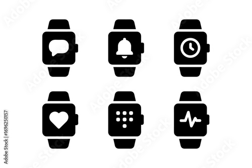 Minimalist black smartwatch icons featuring notifications and health tracking