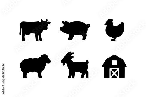 Simple silhouette farm animals and barn icons on white background