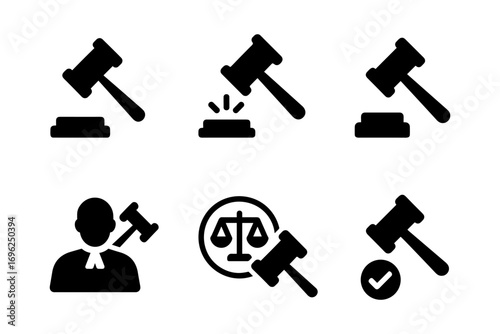 Gavel icons collection: minimalist judge and justice symbols