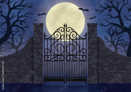 ハロウィンの満月の夜の不気味な門扉水彩画