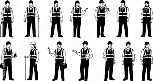 Construction Workers Set – Hand-Drawn Male and Female in Helmets and Safety Vests, Different Poses Full Length Vector Illustration Isolated on White