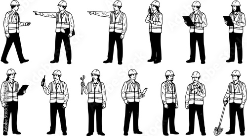 Construction Workers Set – Hand-Drawn Male and Female in Helmets and Safety Vests, Different Poses Full Length Vector Illustration Isolated on White