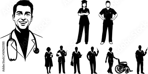 Healthcare Worker Silhouette Set – Male and Female Doctor and Nurse with Stethoscope in Medical Uniform, Happy Smiling Medical Staff Vector Illustration