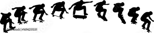 Dynamic Skateboarder Silhouette Sequence – Multicolored Vector Illustration of Skater Performing Mid-Air Trick with Fluid Motion and Athletic Style