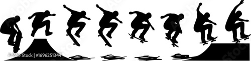Dynamic Skateboarder Silhouette Sequence – Multicolored Vector Illustration of Skater Performing Mid-Air Trick with Fluid Motion and Athletic Style