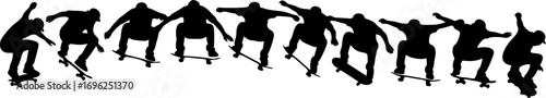 Dynamic Skateboarder Silhouette Sequence – Multicolored Vector Illustration of Skater Performing Mid-Air Trick with Fluid Motion and Athletic Style